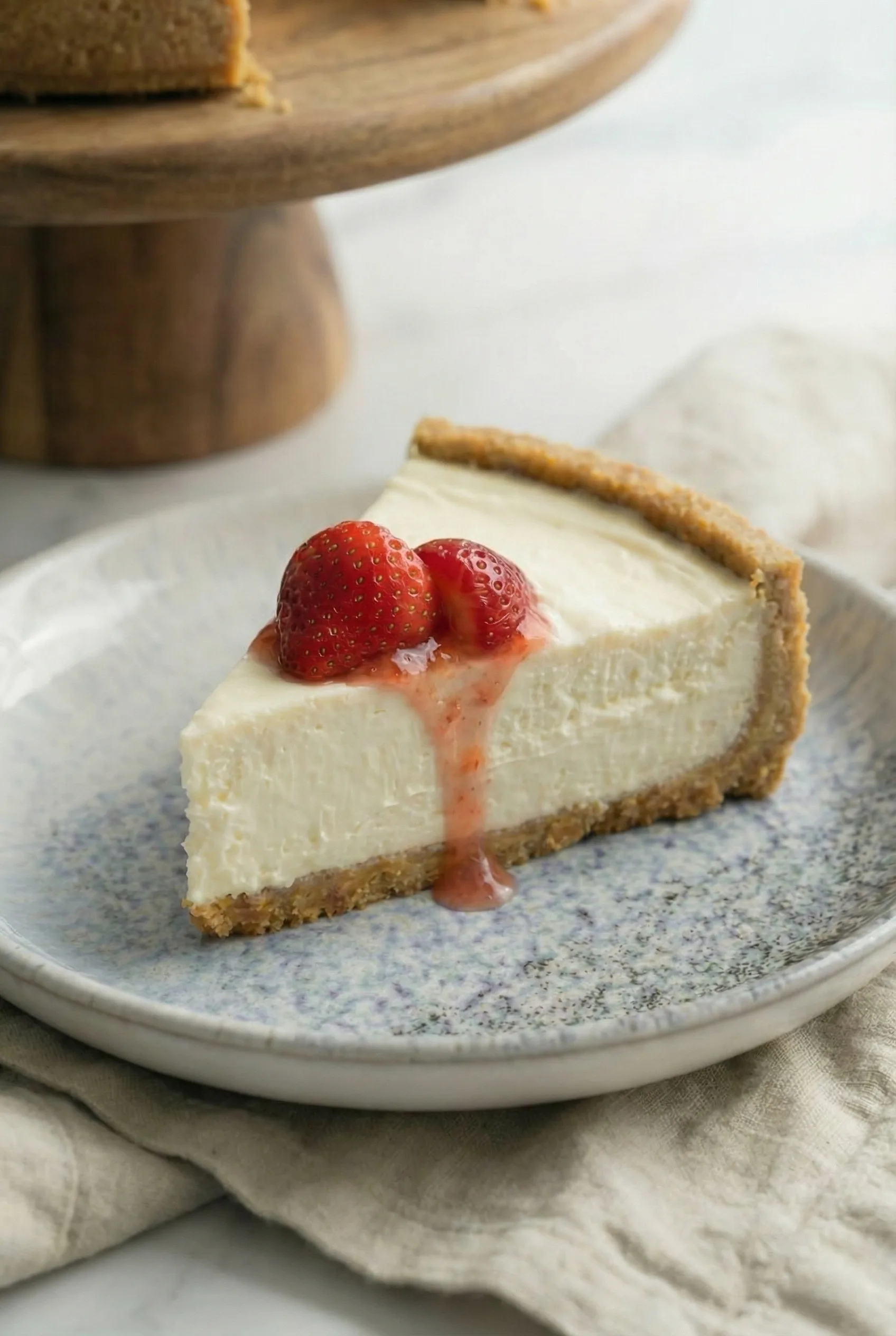 Close-up of a creamy no-bake cheesecake slice showing the smooth filling and graham cracker crust.