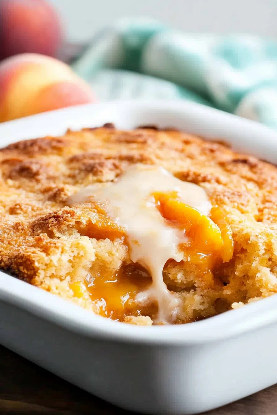 A side view of a spoonful of peach cobbler, showcasing the layers of fruit and crust.
