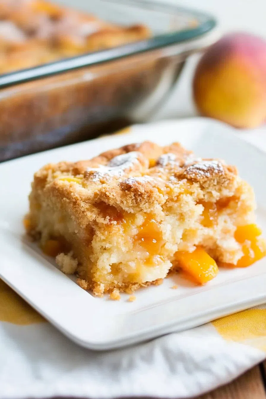 A plate with a generous portion of peach cobbler, accompanied by a dollop of whipped cream.