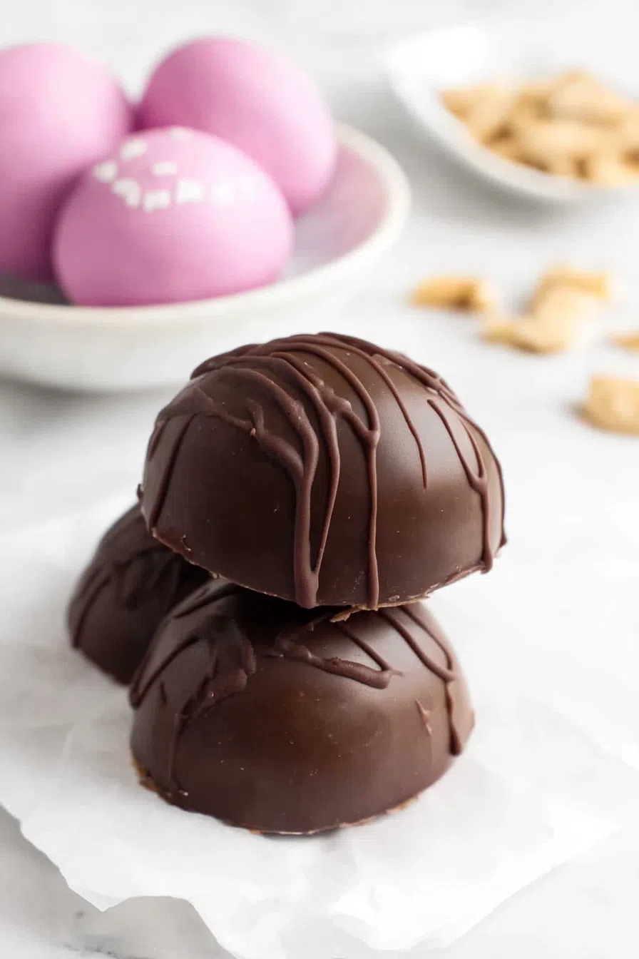 An overhead shot of several peanut butter eggs arranged neatly on a parchment-lined tray.