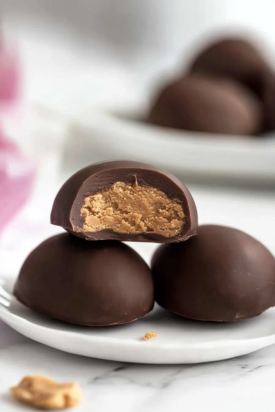 A plate of smooth, oval-shaped peanut butter eggs, each coated in a glossy chocolate shell.