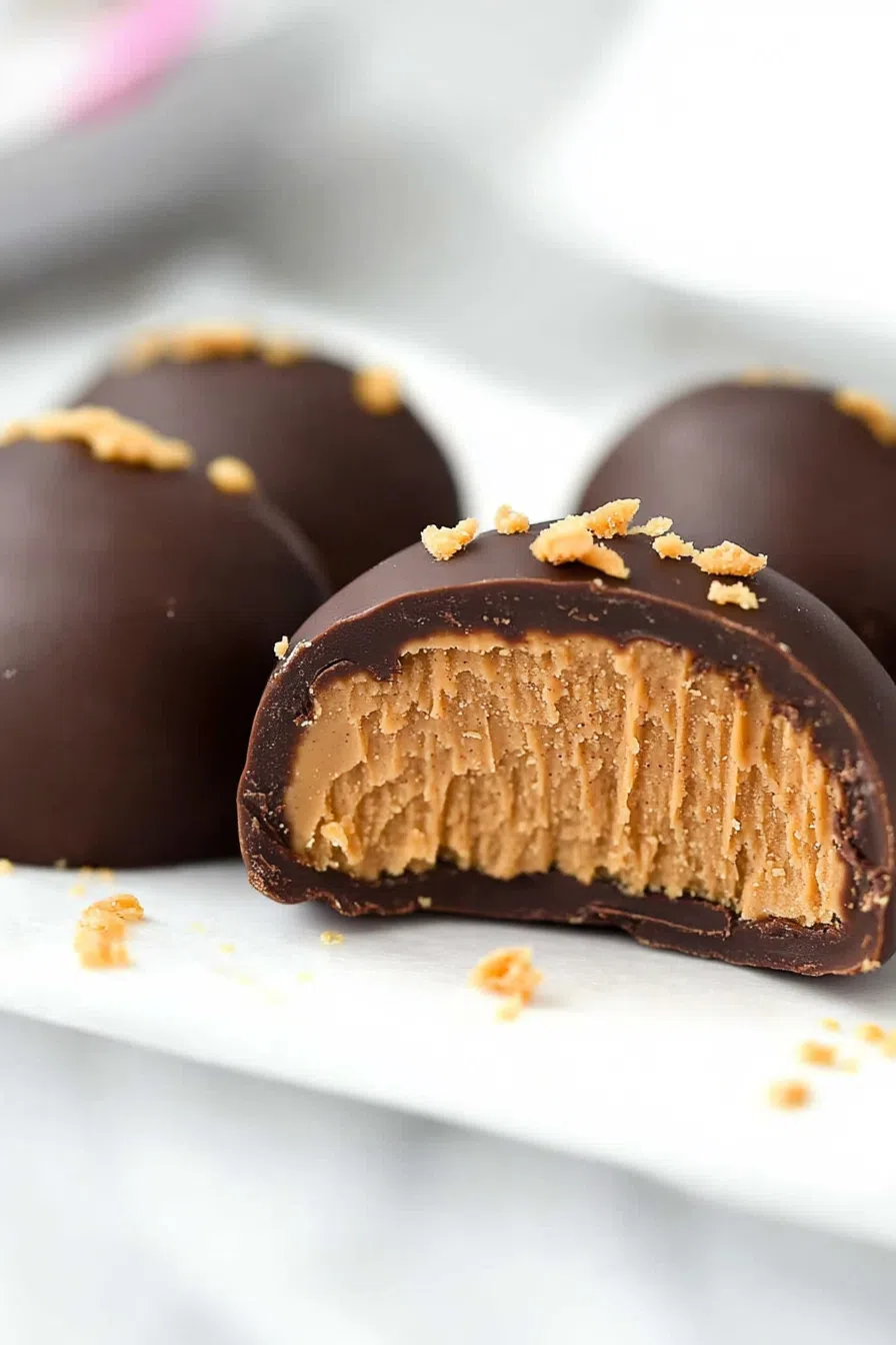 A close-up of a single peanut butter egg, highlighting its shiny chocolate exterior and creamy filling.