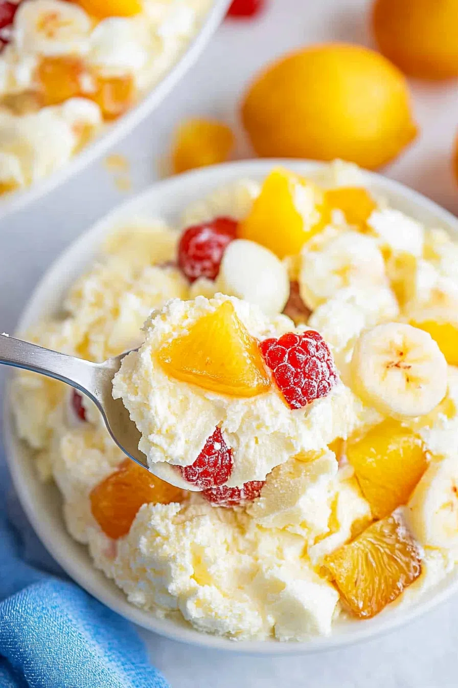 A spoonful of pineapple fluff being lifted from a bowl, highlighting its light and airy consistency.