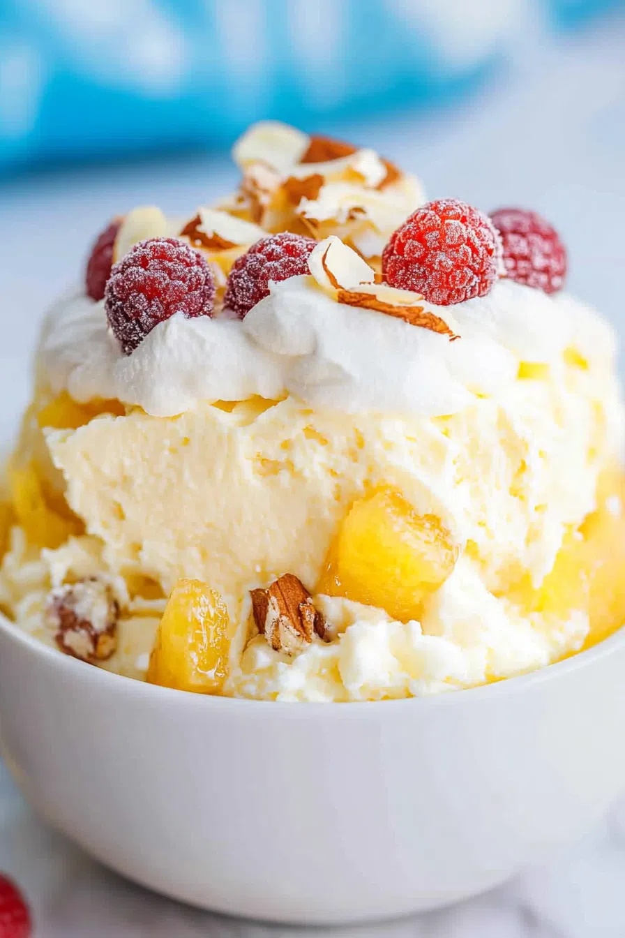 Close-up view of a bowl of pineapple fluff, showcasing its creamy and fluffy texture.
