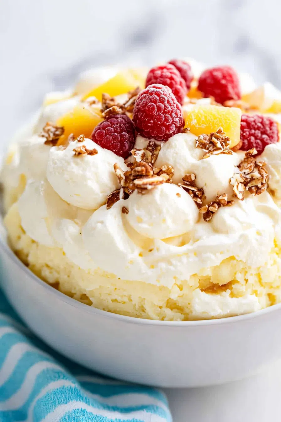 Overhead shot of a serving of pineapple fluff, topped with a sprinkle of crushed pineapple.