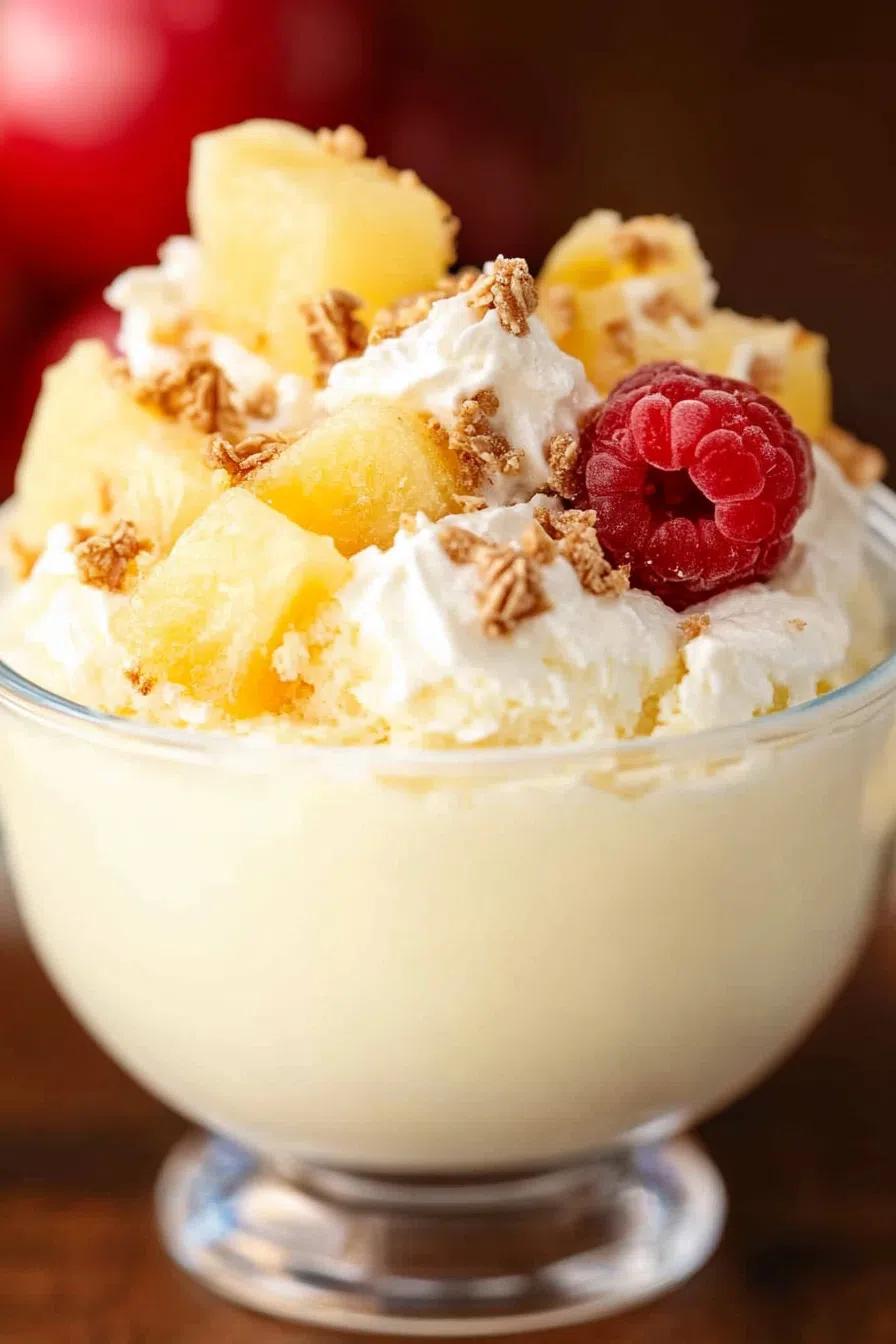 Side view of a dish of pineapple fluff, ready to be served, with a garnish of pineapple pieces.