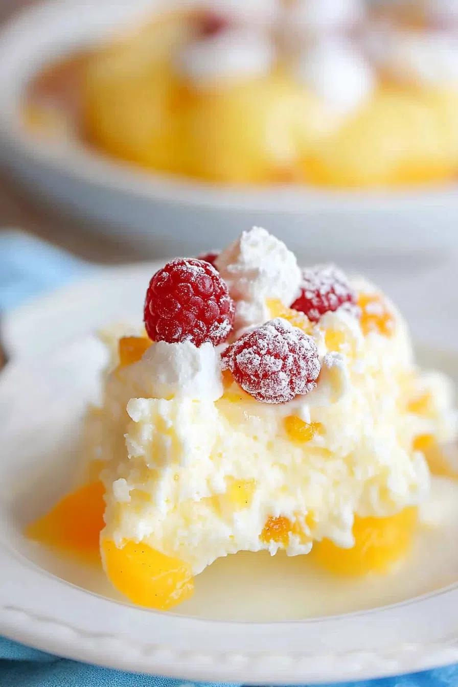 Artistic shot of pineapple fluff in a glass dish, with a blurred background emphasizing its vibrant appearance.