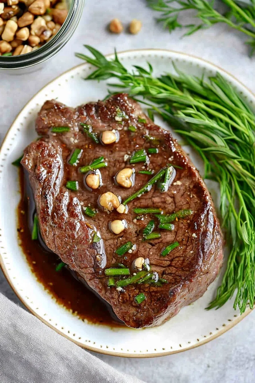 Steak bites on a white plate, revealing tender, flavorful marinated meat.