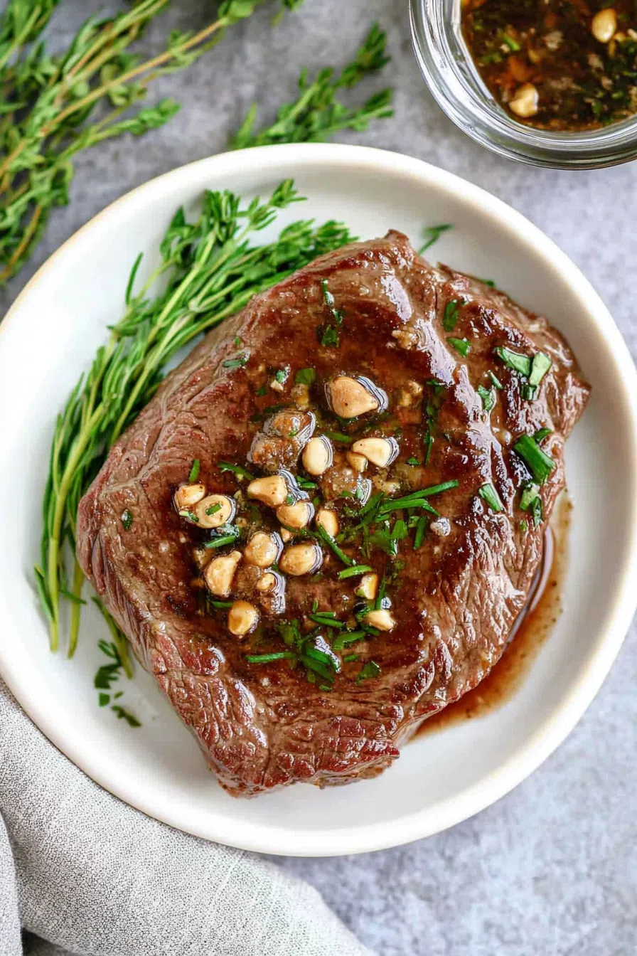 Finished steak dish served with sides, emphasizing the rich color and texture from the marinade.