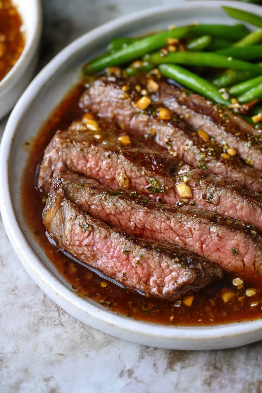 A serving tray of tender steak slices, with a light drizzle of marinade on top.