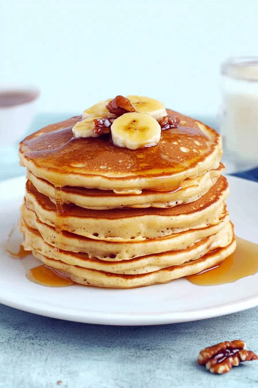Freshly cooked pancakes with a golden-brown finish, stacked high on a white plate.