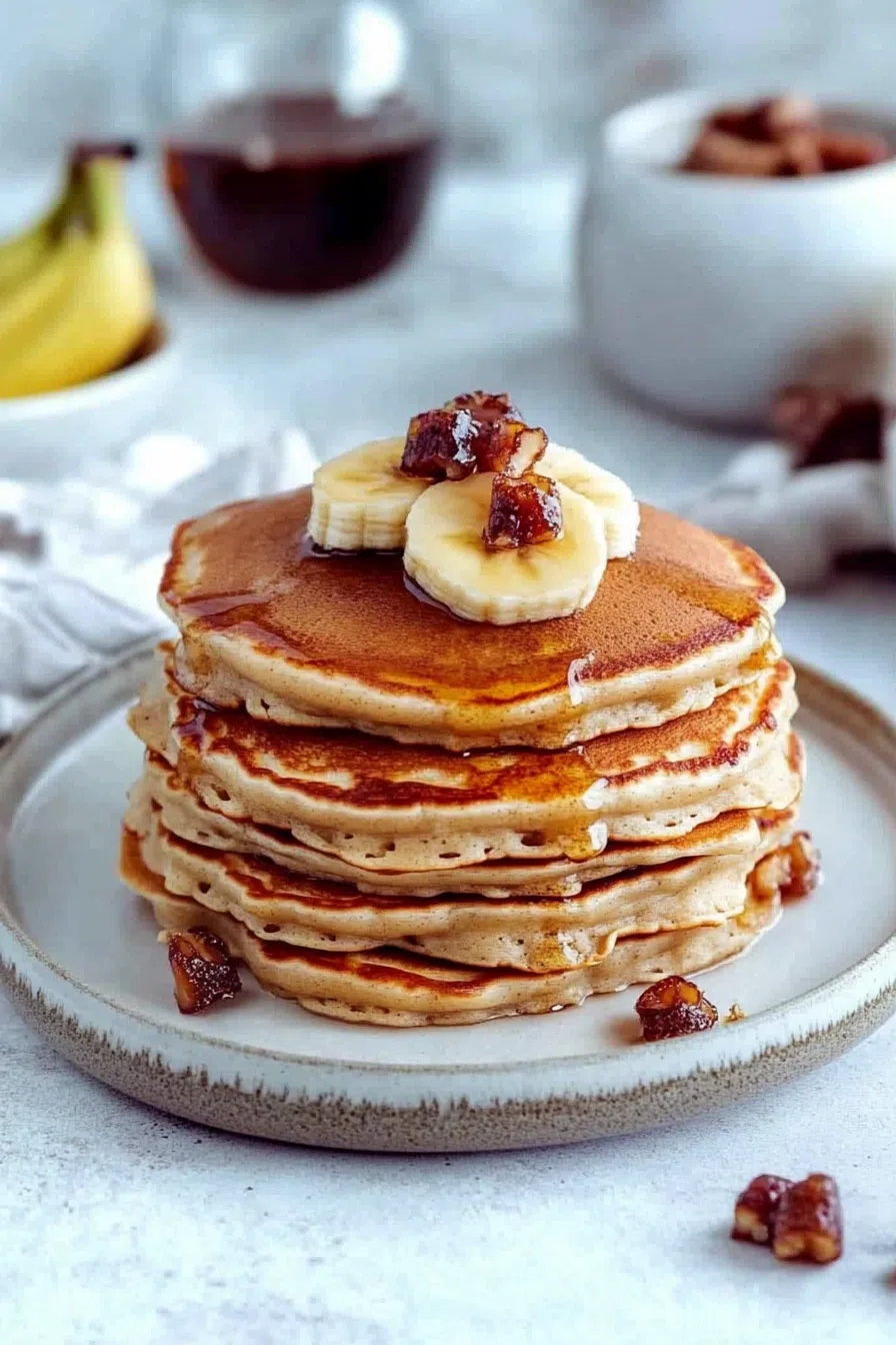 A stack of pancakes topped with sliced bananas, capturing their soft and airy texture.