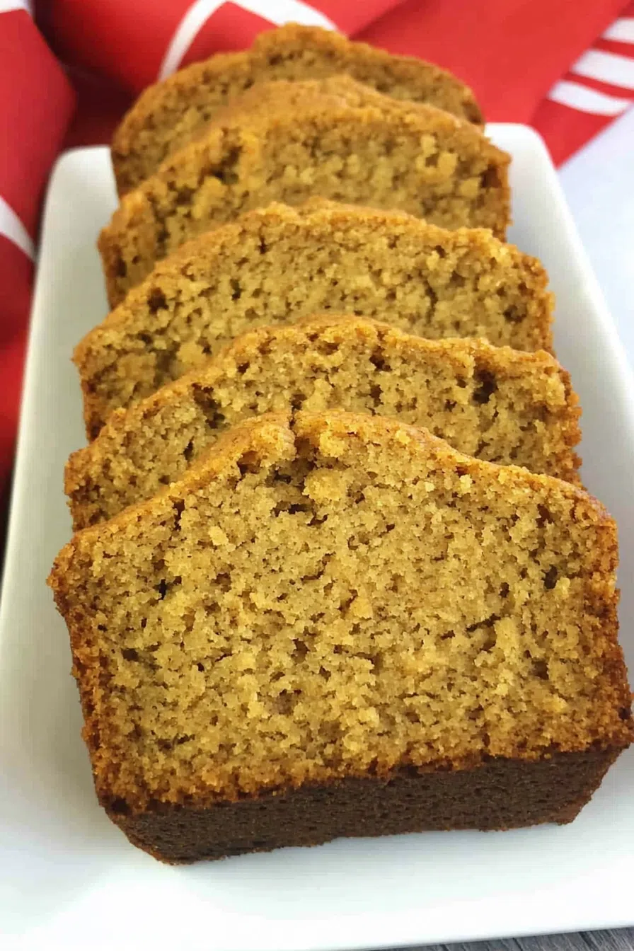 Close-up of a slice of acorn squash bread with visible flecks of squash and a soft crumb.