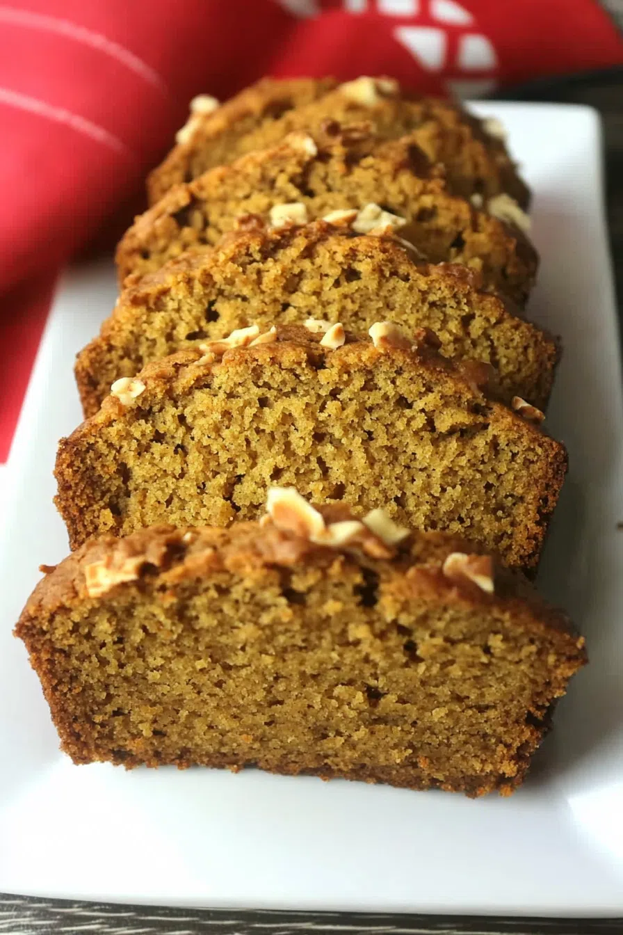 A loaf of acorn squash bread sliced to show its moist, golden interior.