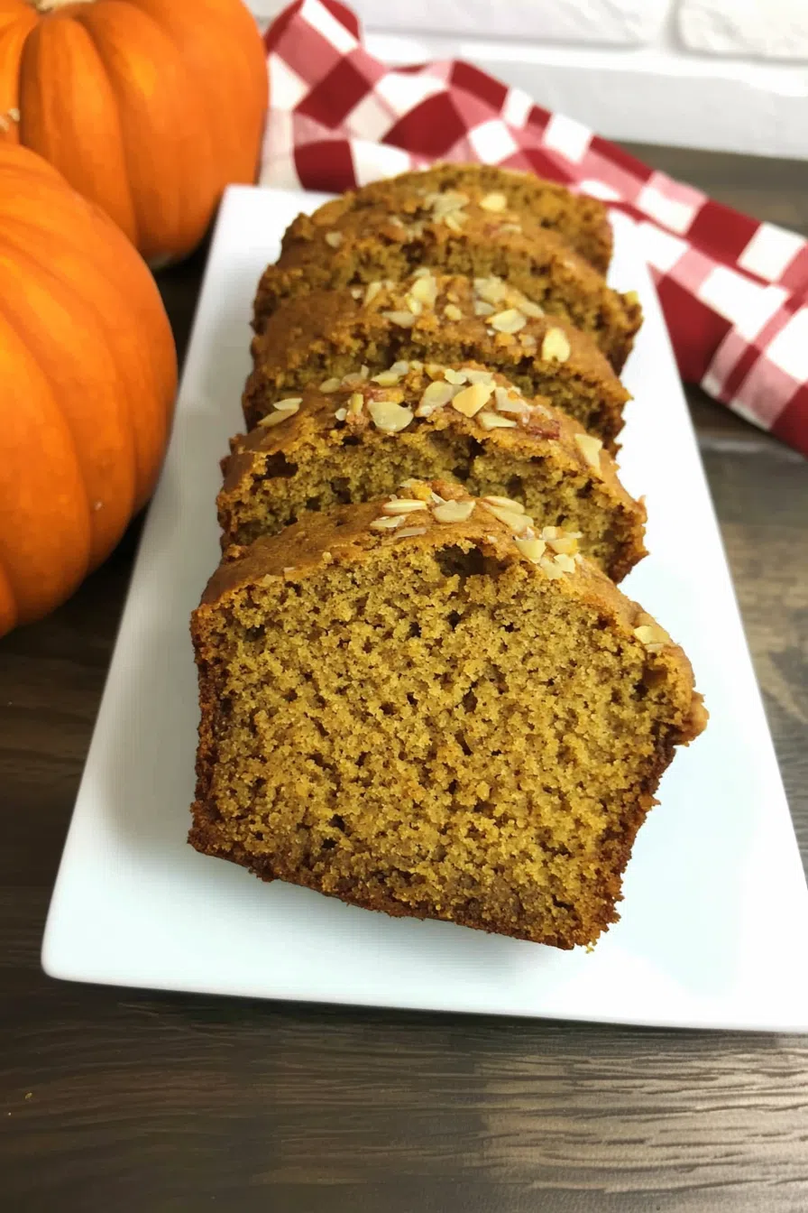 A serving of acorn squash bread on a wooden board, garnished with pumpkin seeds.