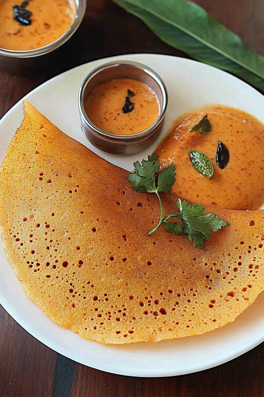Close-up of a crispy adai dosa revealing its textured surface with hints of lentils and spices.