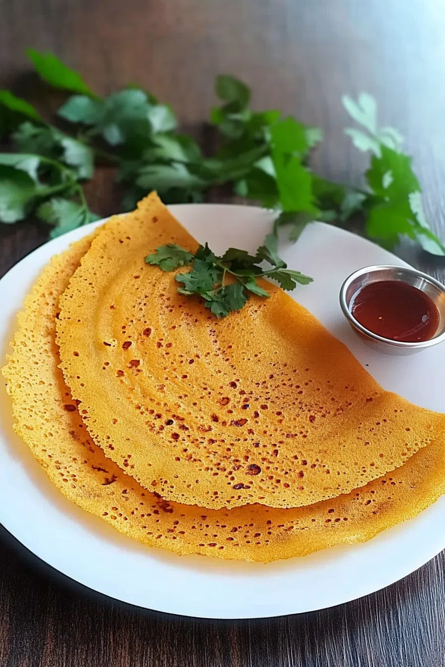 Stack of freshly made savory pancakes with a side of chutney.