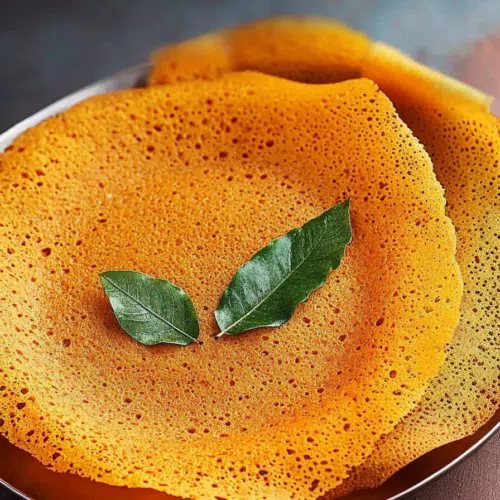 Thin, golden dosa folded and served on a traditional Indian steel plate.
