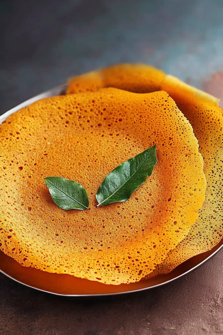 Thin, golden dosa folded and served on a traditional Indian steel plate.