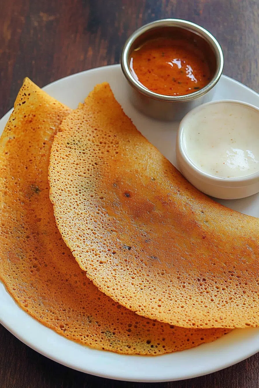 A plate of golden-brown adai dosa served with coconut chutney and sambar on the side.
