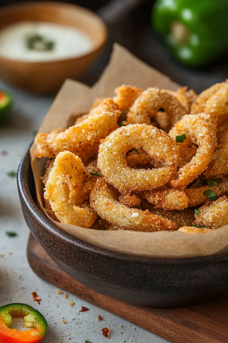Plate of hot, crispy peppers with a small bowl of dipping sauce.