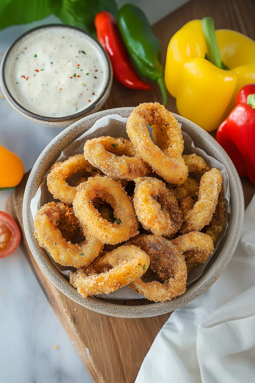 Overhead view of a plate filled with golden banana peppers fresh from the air fryer.