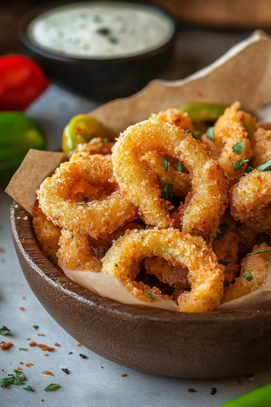 Close-up of fried banana peppers with a light, crunchy coating.