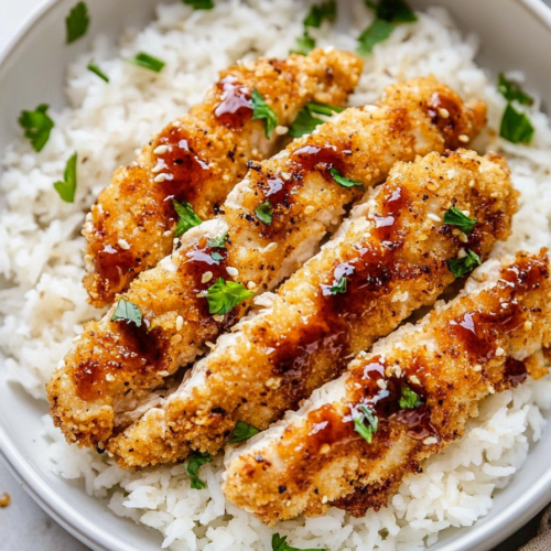 A close-up of a piece of chicken katsu, highlighting its golden-brown crust and juicy interior.