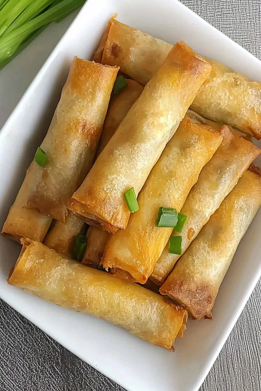 Delicious lumpia arranged in a circular pattern on a white plate, with a garnish of fresh herbs.