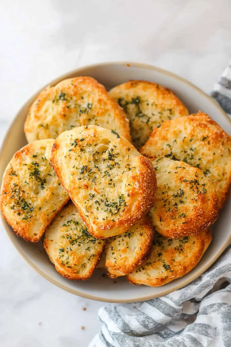Warm, buttery garlic bread with melted cheese, garnished with fresh herbs.