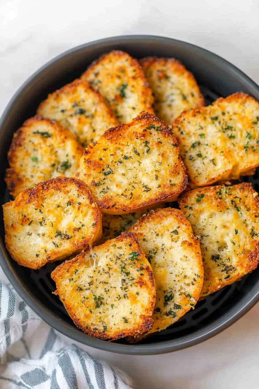 A plate of golden-brown garlic cheese bread slices garnished with fresh parsley.