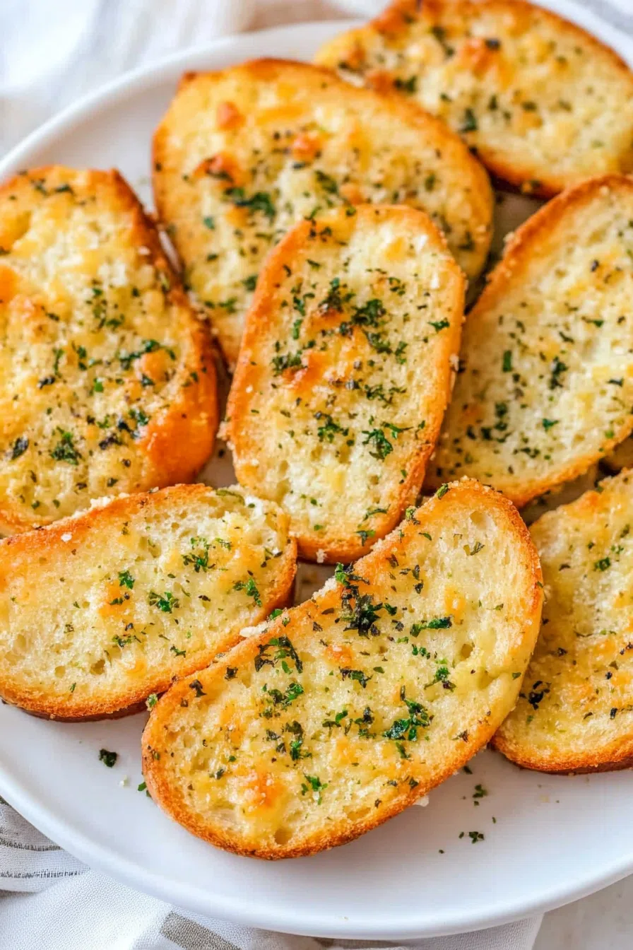 Close-up of a slice of garlic cheese bread showing the gooey melted cheese and crispy edges.