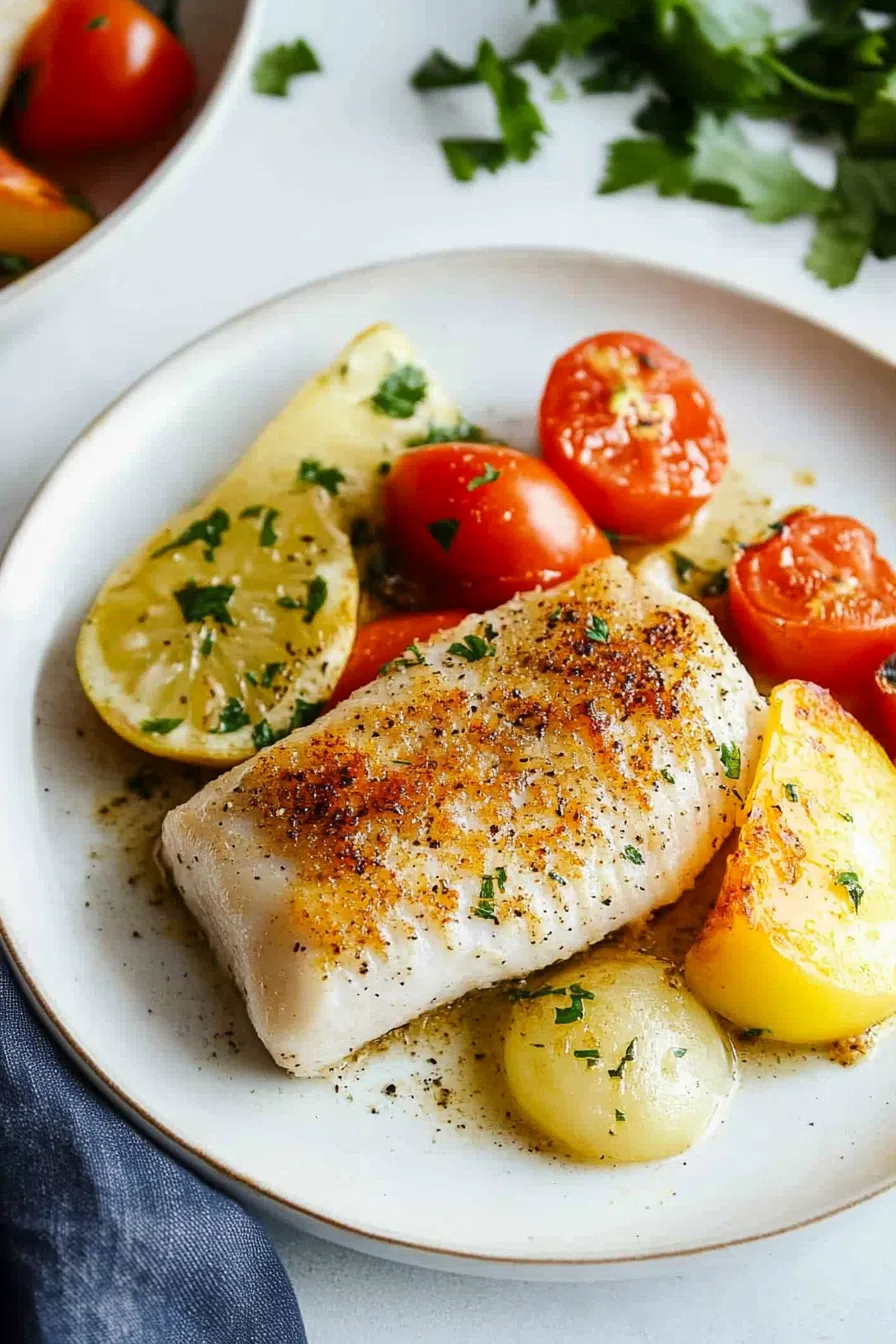 Golden and crispy haddock fillets arranged on a plate with a lemon wedge.
