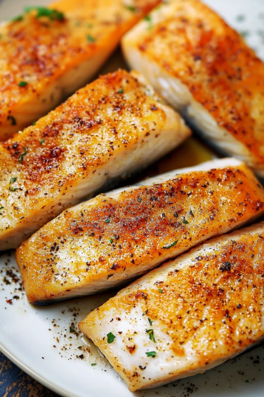 Golden, flaky fish fillets with a crispy coating.