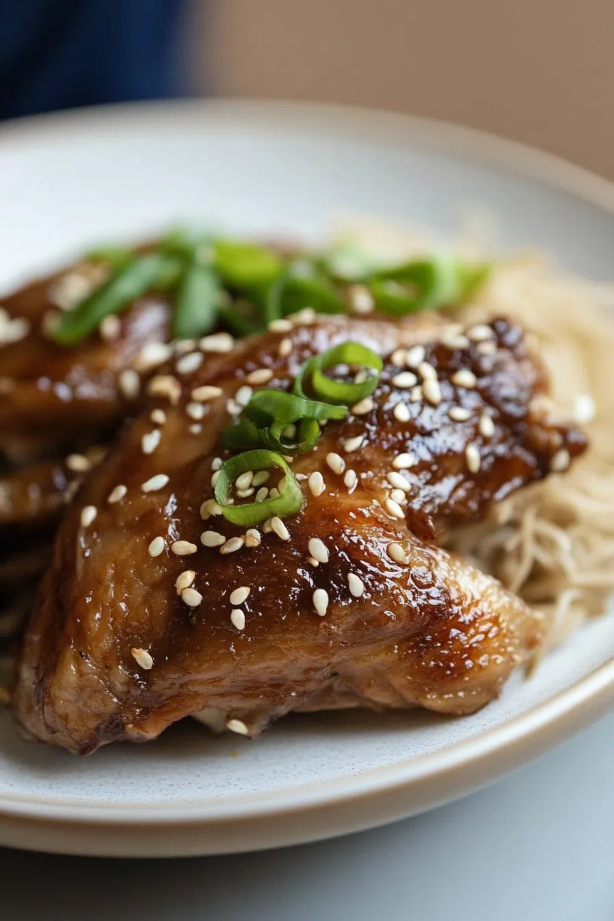 Aloha-style shoyu chicken arranged on a platter with fresh herbs for garnish.