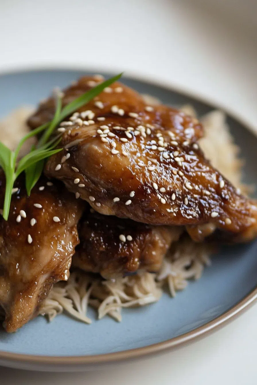 Close-up of tender, caramelized shoyu chicken thighs with a glossy, flavorful sauce.