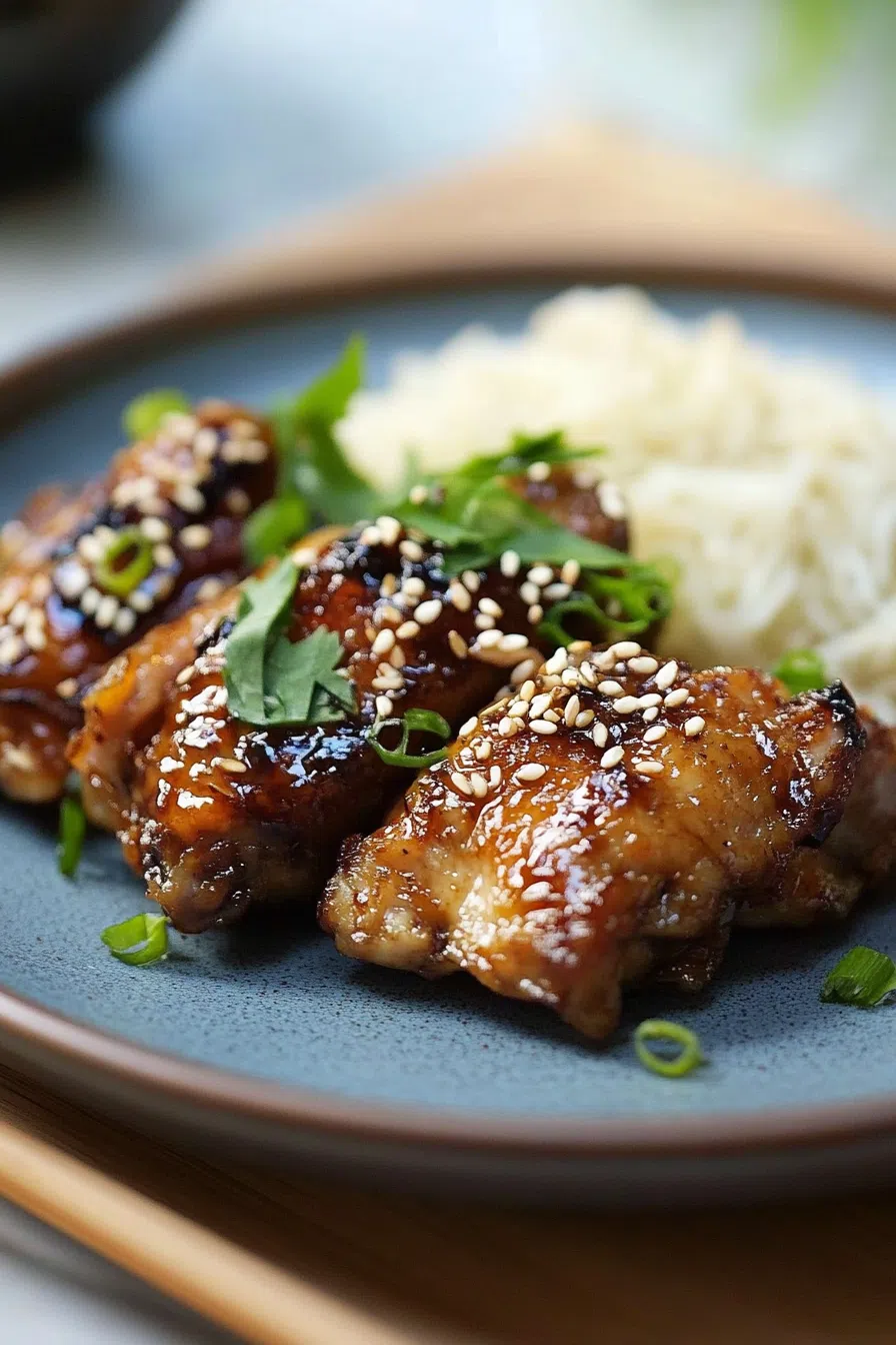 Golden-brown shoyu chicken served alongside a colorful side of steamed rice.