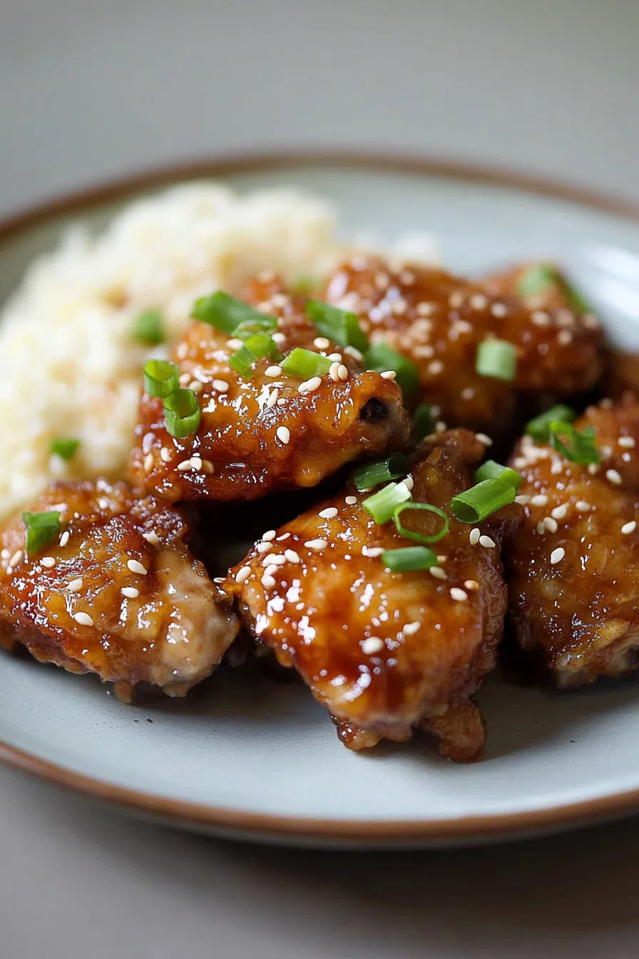 Glazed shoyu chicken pieces served on a plate with steamed white rice and garnished with green onions.