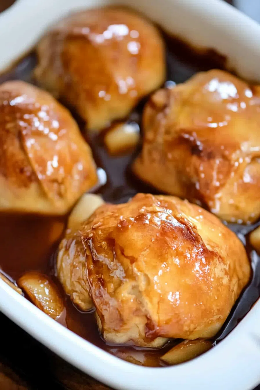 A rustic kitchen scene with a tray of freshly baked apple dumplings, ready to serve.