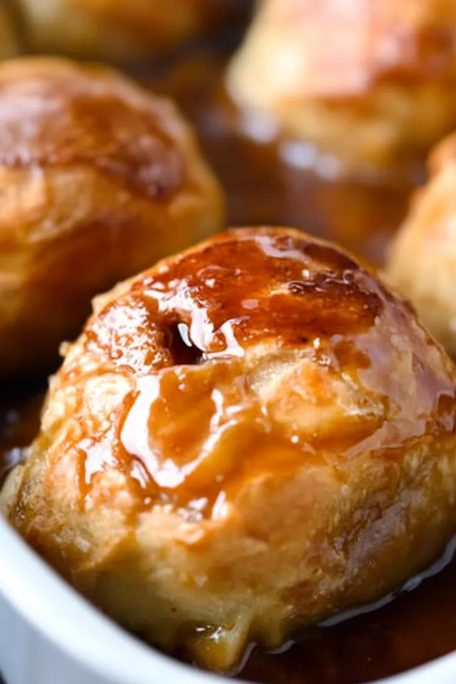 A close-up of a perfectly baked apple dumpling with a flaky crust.