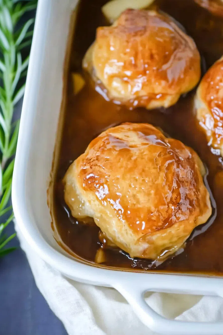Warm apple dessert with a glossy glaze, perfect for a cozy treat.