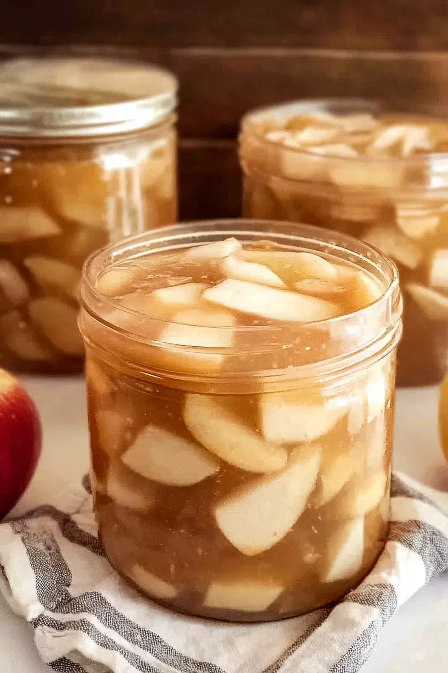 Jars of preserved apple filling on a rustic countertop