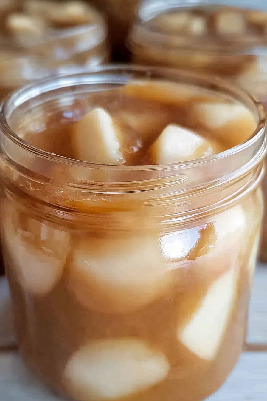 Close-up of the apple pie filling, showing the tender apple pieces and rich syrup.