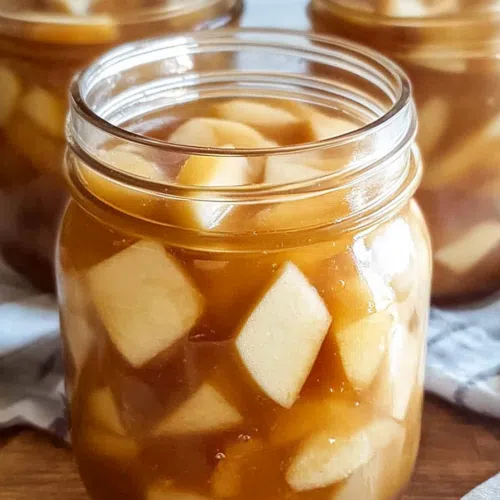 Glass jar filled with spiced apple slices in syrup