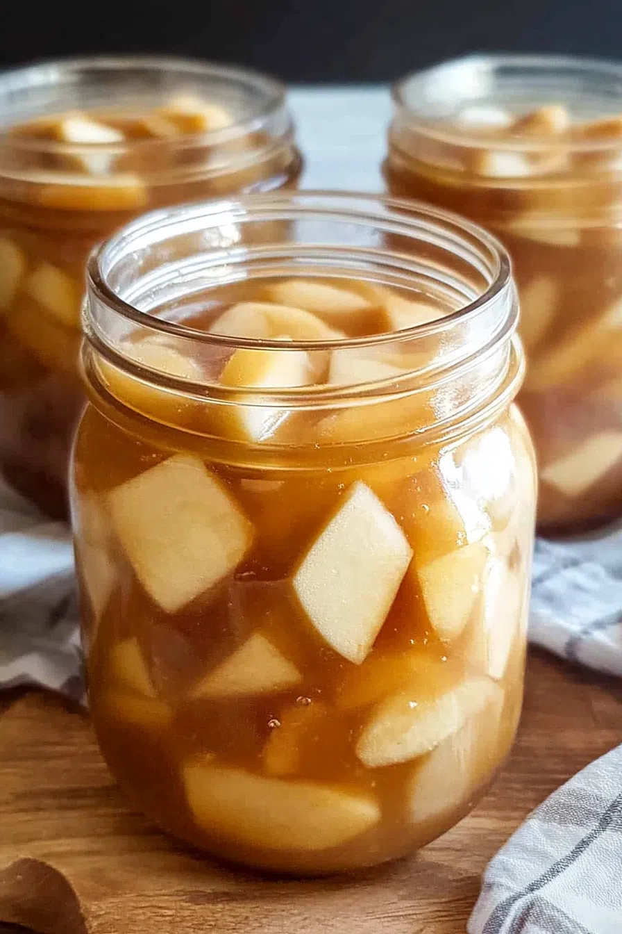 Glass jar filled with spiced apple slices in syrup