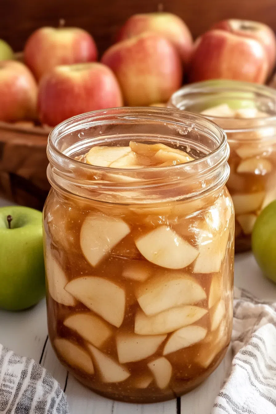 A jar of homemade apple pie filling, filled with spiced apple slices.