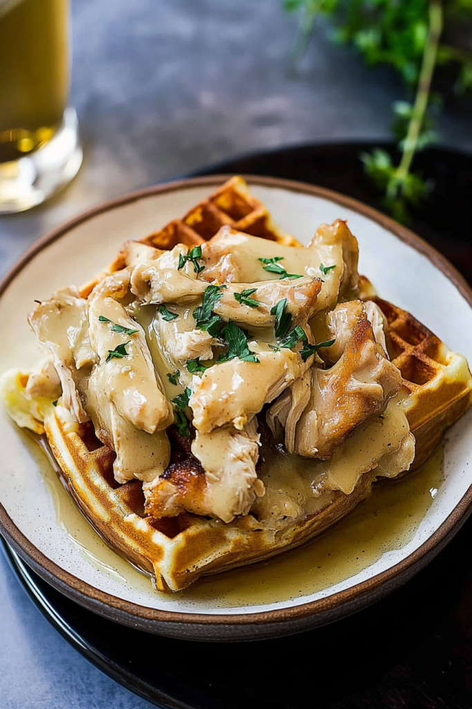 A close-up of golden waffles topped with tender chicken pieces and drizzled with syrup.