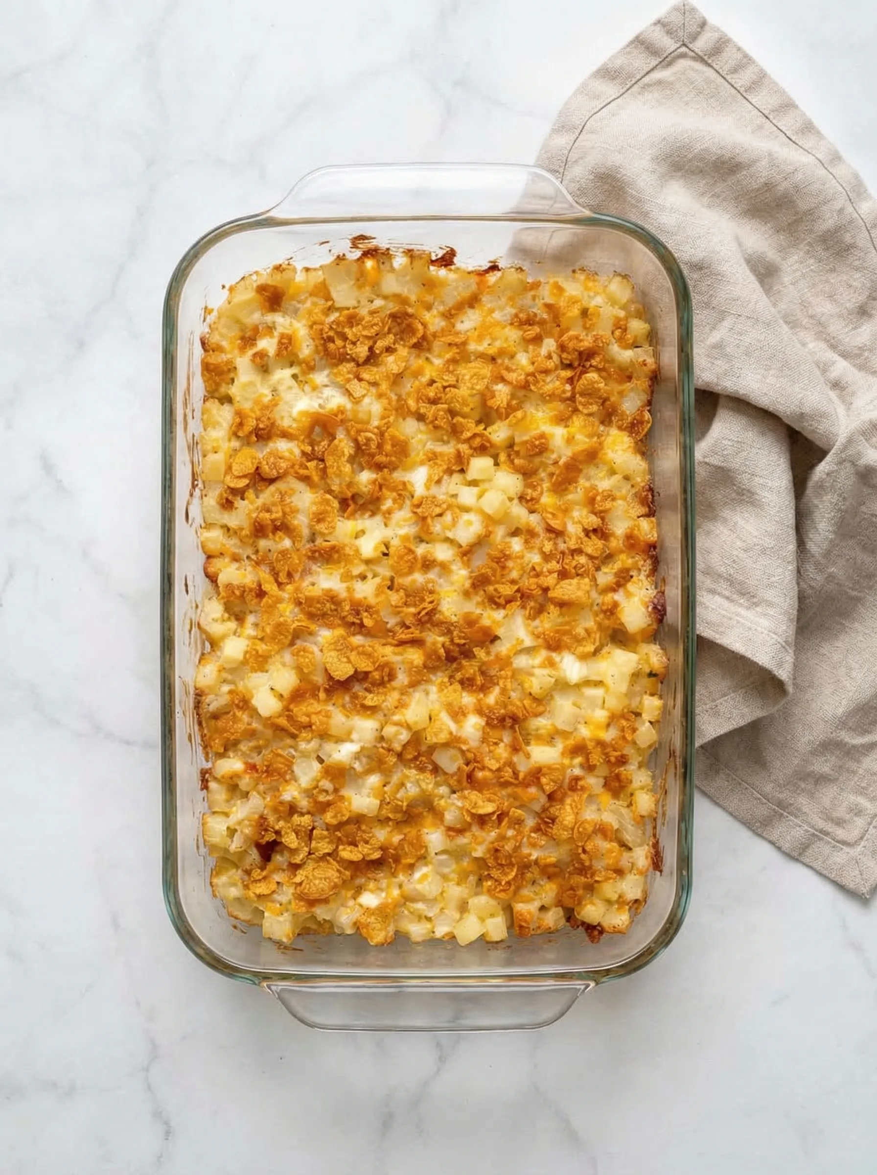 Golden baked Amish Funeral Potatoes in a glass casserole dish with crispy cornflake topping