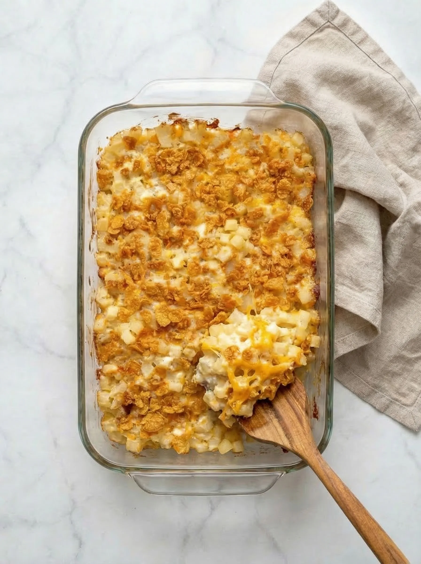 Creamy potato casserole being scooped from a glass baking dish with melted cheese and crunchy topping