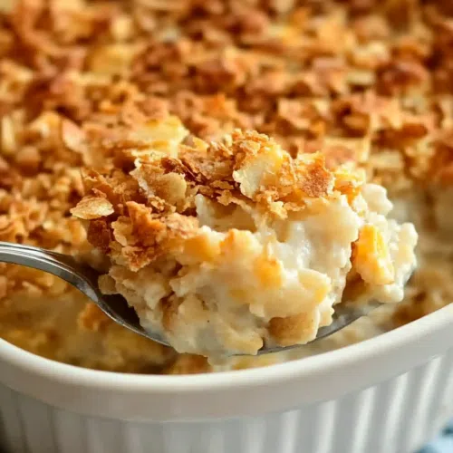 A spoon digging into a dish of rich, comforting potato casserole.